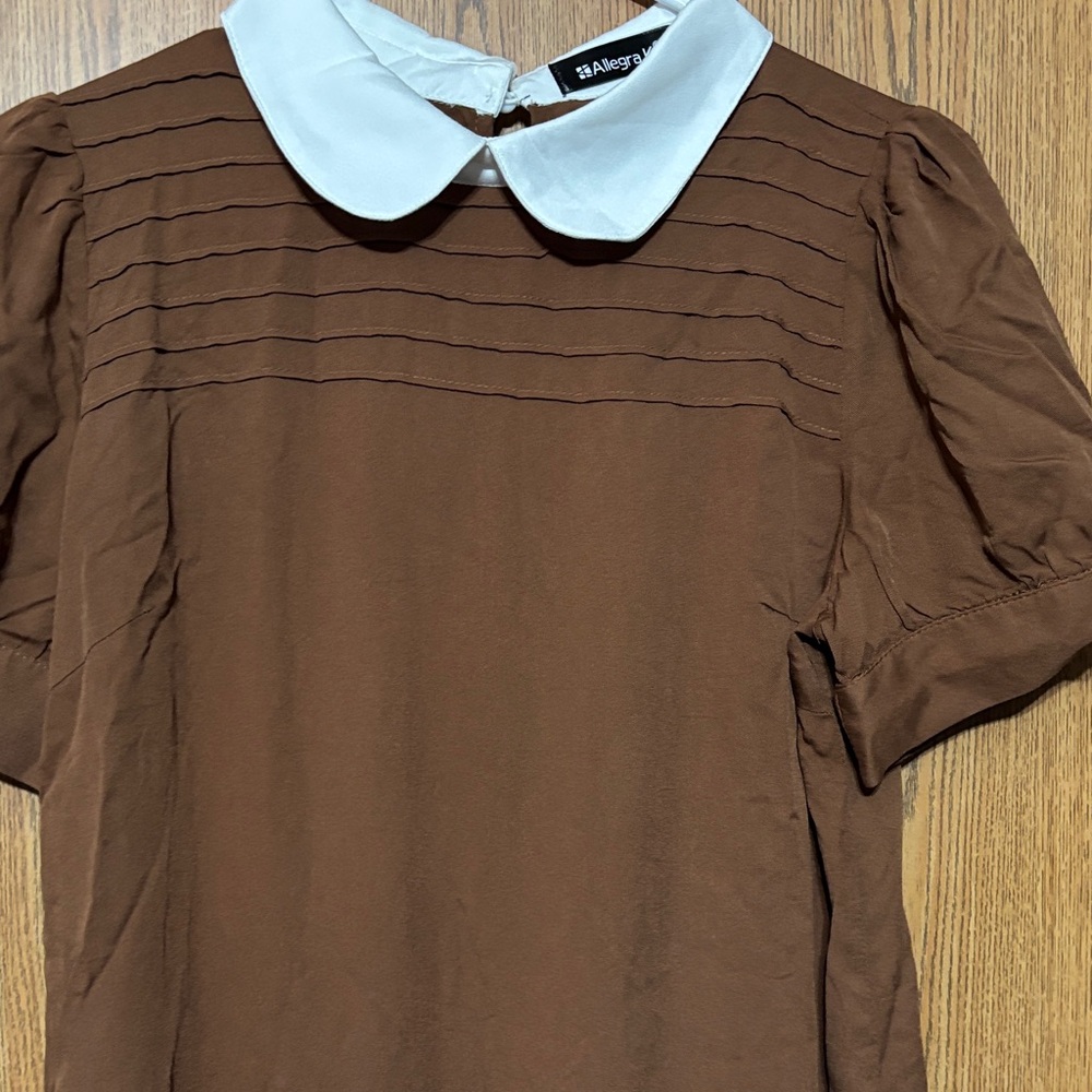 NWOT Allegra K Brown Blouse with White Trim - Picture 3 of 5